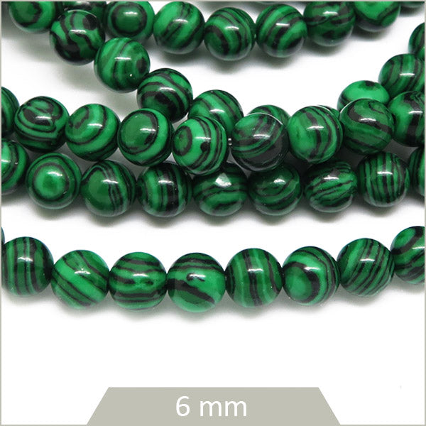Env. 63 perles rondes en pierre effet Malachite, 6 mm