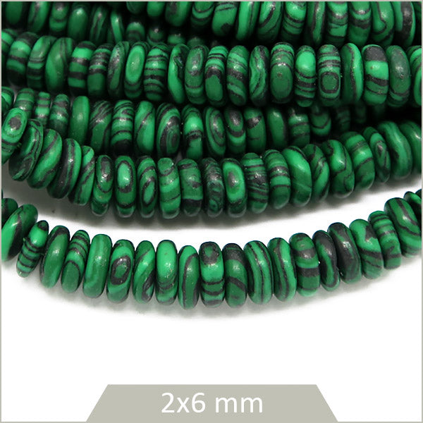 Env. 160 perles soucoupes en Malachite, 6x2 mm