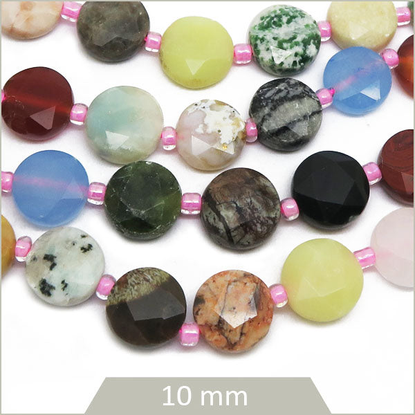 Env. 30 perles rondes plates à facettes, mix de pierres, 10x5 mm