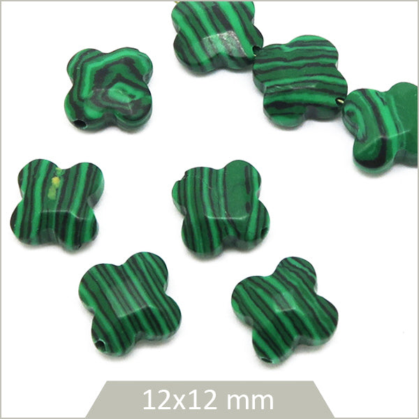 10 perles trèfles en pierre reconstituée effet malachite