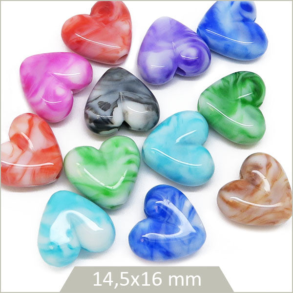12 perles coeur en acrylique multicolores