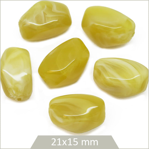 6 perles galets en acrylique jaune olive