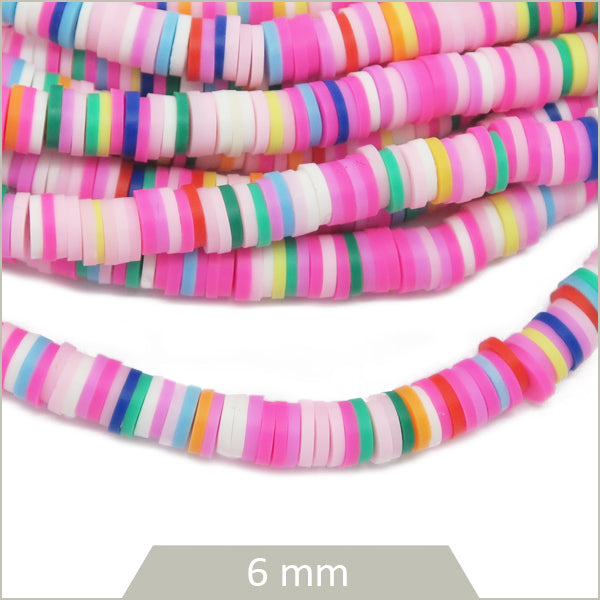 Rang de 40 cm de perles rondelles Heishi multicolores rose, 6mm