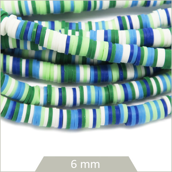 Rang de 40 cm de perles rondelles Heishi multicolores bleu/vert, 6mm