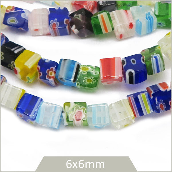 Env. 65 perles de verre Millefiori carrés 6x6 mm