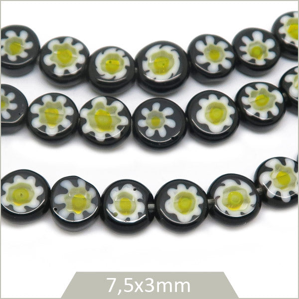 Env. 53 perles de verre Millefiori rondes et plates 7,5 mm