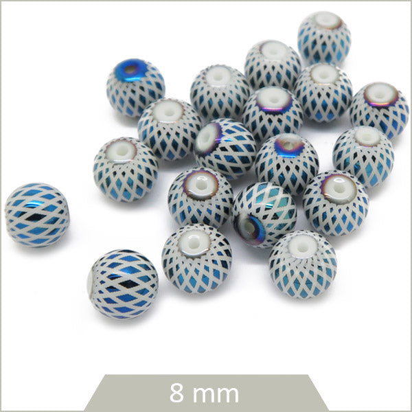Env. 20 perles de verre rondes 8 mm motif losange bleu