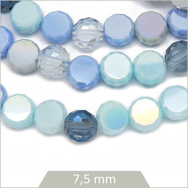 Env. 25 perles de verre rondes plates à facettes mix bleu