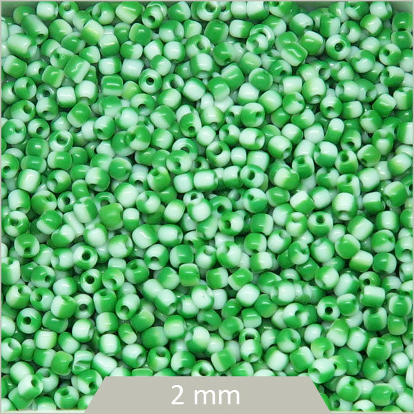 40g de perles rocailles rayées blanc/vert 2mm