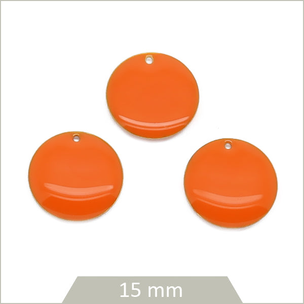 6 sequins effet émaillé ronds 15mm orange
