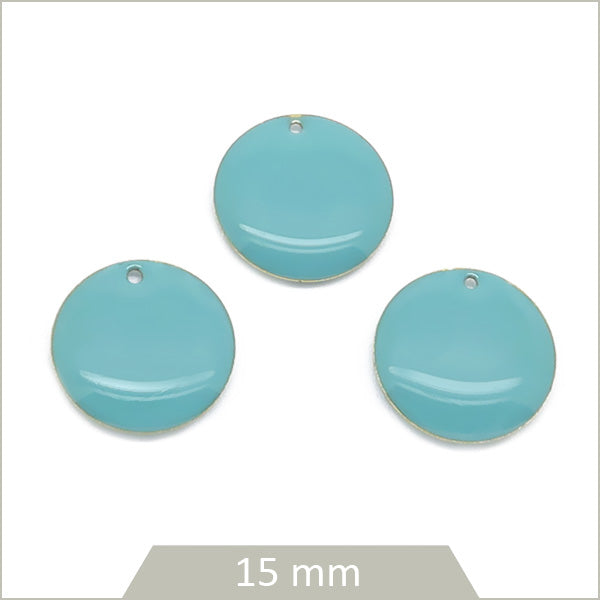 6 sequins effet émaillé ronds bleu lagon 15mm