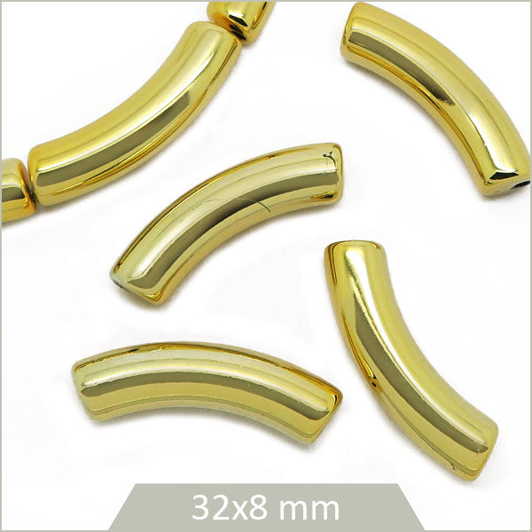 12 perles tubes incurvés dorées 8 mm