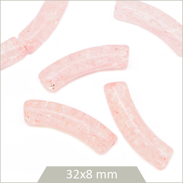 12 perles tubes incurvés rose transparent craquelé 8 mm