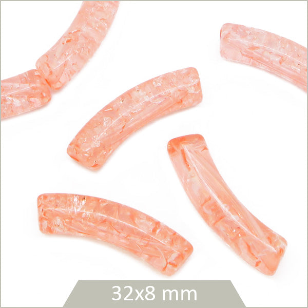 12 perles tubes incurvés saumon transparent craquelé 8 mm