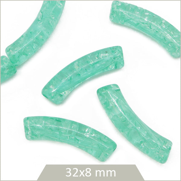12 perles tubes incurvés turquoise transparent craquelé 8 mm
