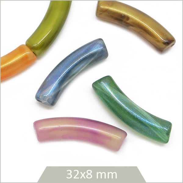 12 perles tubes incurvés mix de couleurs irisées 8 mm