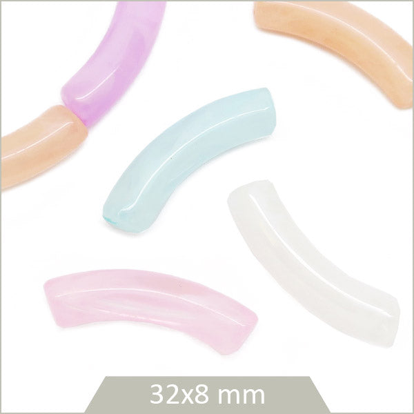 12 perles tubes incurvés transparents, mix de couleurs pastel 8 mm