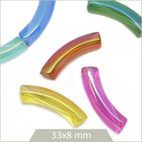 12 perles tubes incurvés transparents, mix de couleurs irisées 8 mm