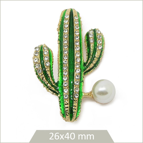 1 broche cactus Saguaro alliage doré, émail vert, strass et perle nacrée