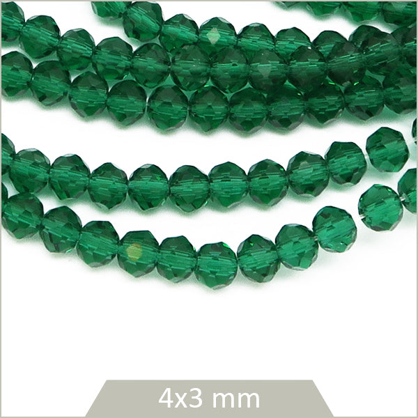 Env. 120 perles de verre à facettes donut vertes transparentes