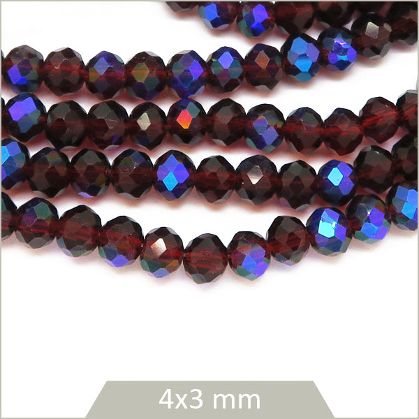 Env. 110 perles de verre à facettes donut rouge grenat transparent 4x3 mm