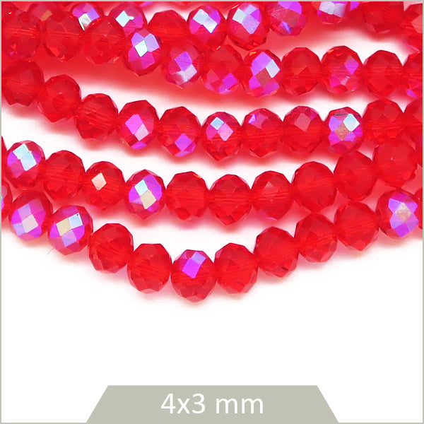 Env. 110 perles de verre à facettes donut rouge transparent 4x3 mm