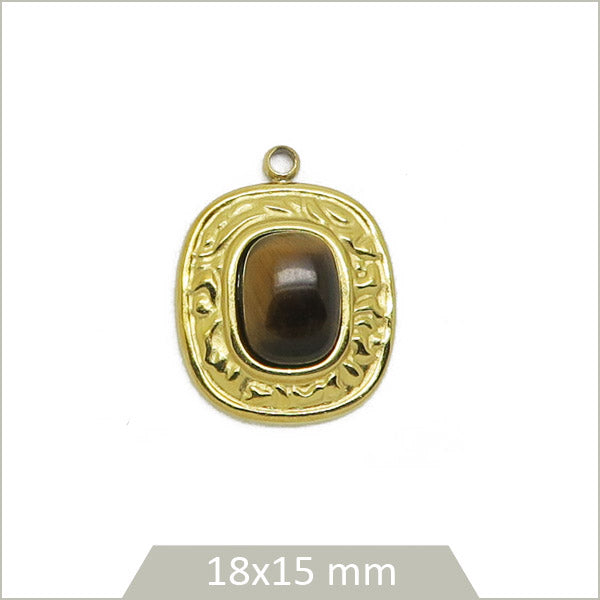 1 breloque ovale en acier inoxydable 304 doré et cabochon Oeil de tigre