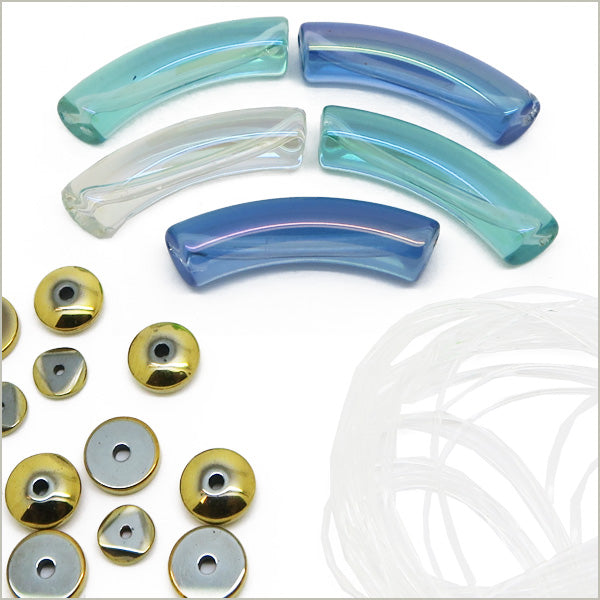 Kit 30 perles tube mix incurvés bleu