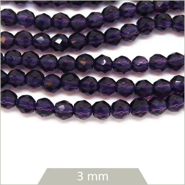 Env. 120 perles de verre rondes à facettes violet foncé, 3 mm