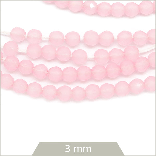 Env. 120 perles de verre rondes à facettes rose, 3 mm