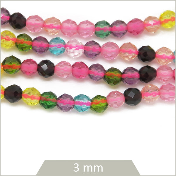 Env. 120 perles de verre rondes à facettes mix rose, 3 mm