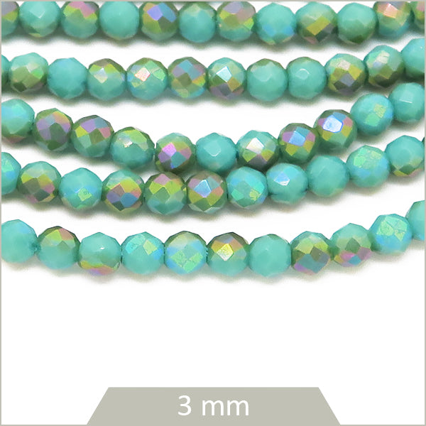 Env. 120 perles de verre rondes à facettes mix turquoise, 3 mm