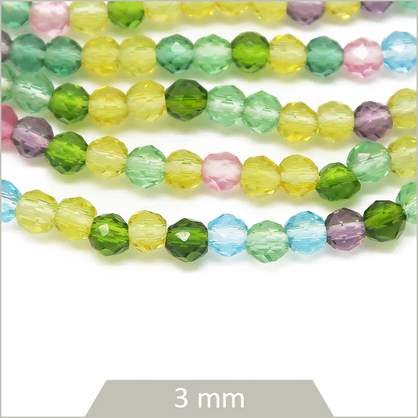 Env. 120 perles de verre rondes à facettes mix vert, 3 mm