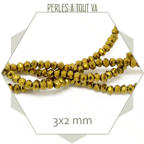 190 perles donuts à facettes en verre dorées, 3x2 mm