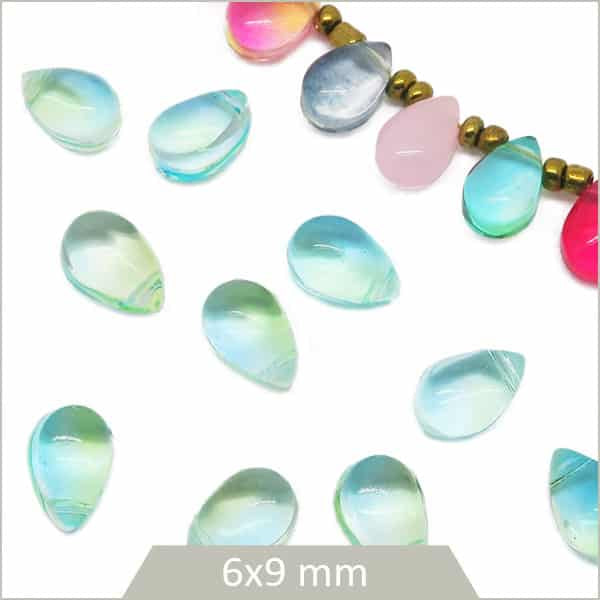 20 perles goutte en verre 6x9mm, bleu vert dégradé