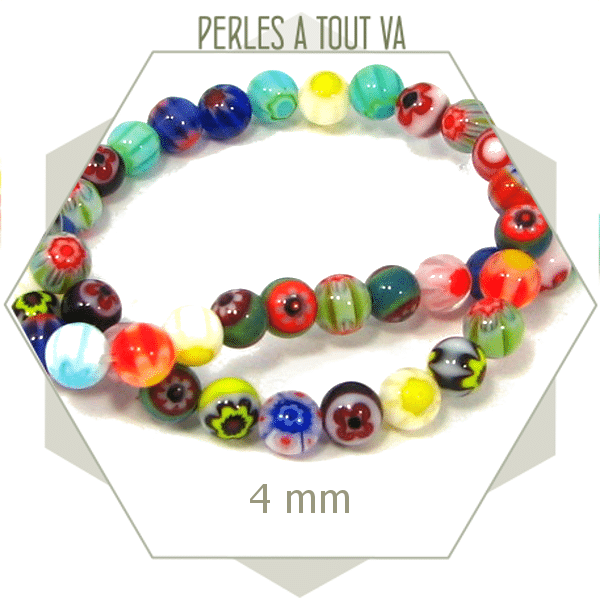 50 perles de verre millefiori rondes 4 mm