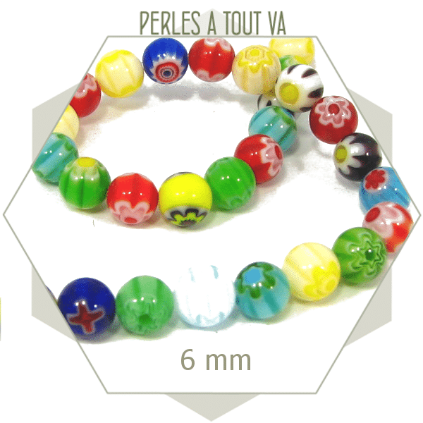 32 perles de verre millefiori rondes 6 mm
