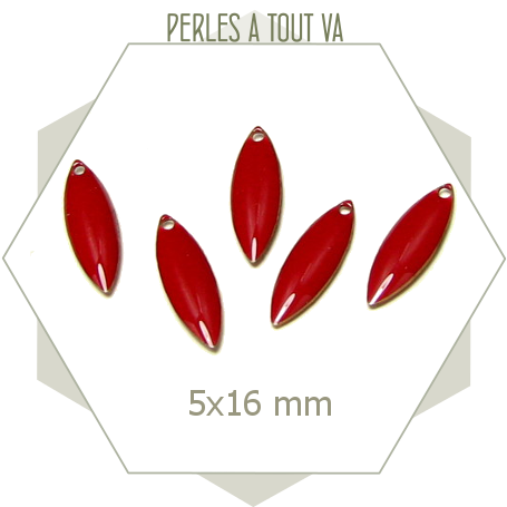 Sequins émaillés petite navette 5 x 16mm rouge brique, breloques rouge foncé
