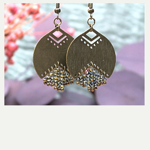 Boucles D'oreilles Pendantes Bronze Perles Larmes Cabochon Roses 18x25mm - Neuf Sans Emballage