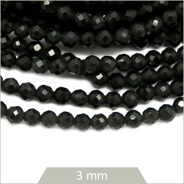 Env. 130 perles à facettes en Obsidienne noire, 3 mm