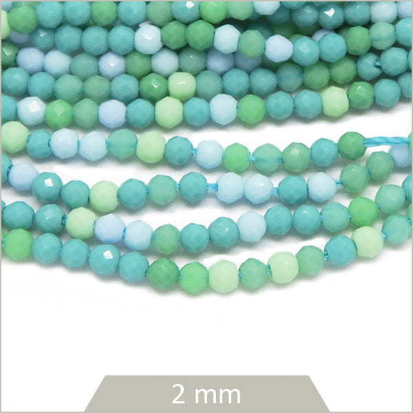 Env. 180 perles de verre à facettes mix vert et bleu turquoise, 2 mm
