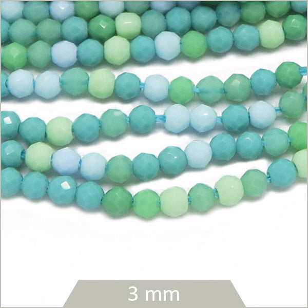 Env. 125 perles de verre à facettes mix vert et bleu turquoise, 3 mm