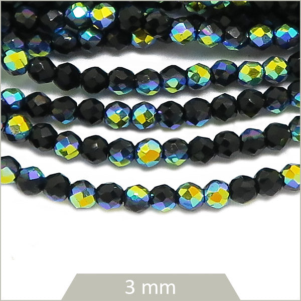 Env. 125 perles de verre à facettes noir scarabée, 3 mm