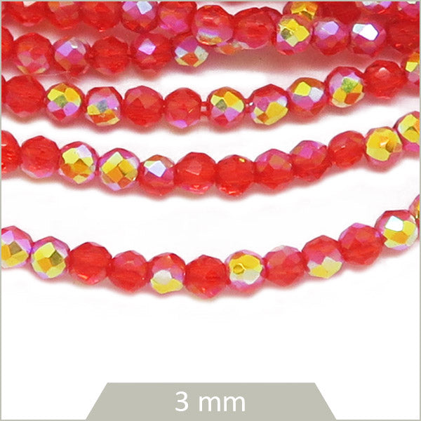 Env. 125 perles de verre à facettes rouge irisé, 3 mm
