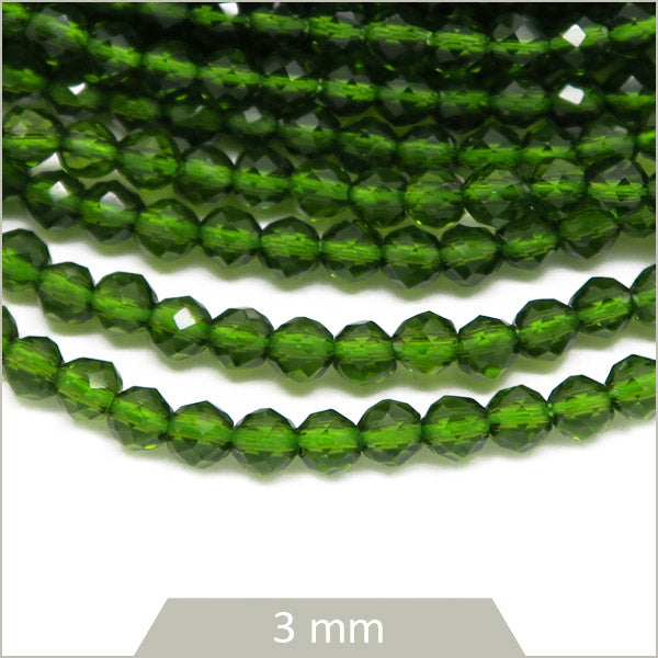 Env. 125 perles de verre à facettes vert olive, 3 mm