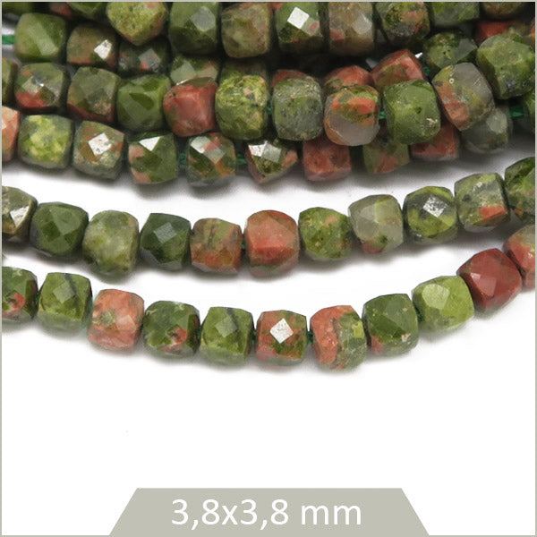 Env. 90 perles cubes facettées en Unakite, 4x4mm env.