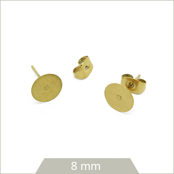 10 clous en acier doré pour boucles d'oreilles puces, 8mm