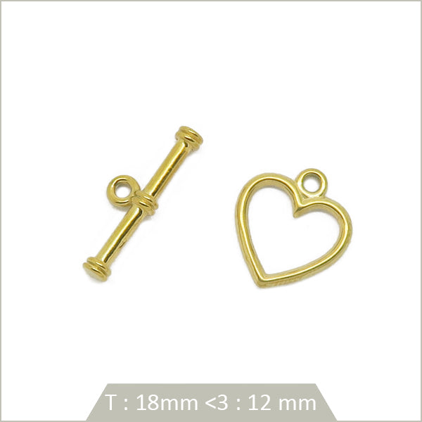 2 fermoirs toggle coeur en acier inoxydable doré