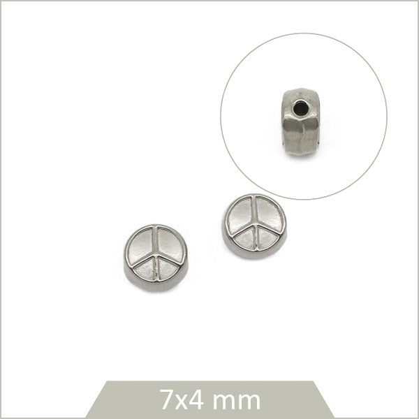2 perles rondes plates Peace and Love en acier inoxydable