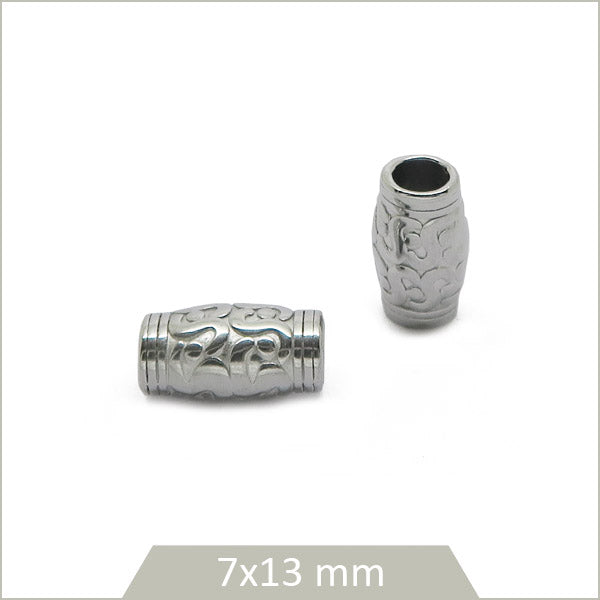 2 perles tubes ethniques motif floral en acier inoxydable